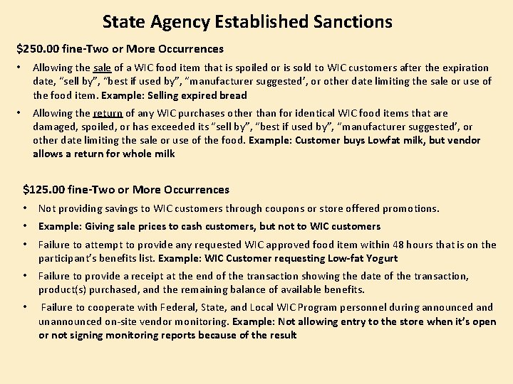 State Agency Established Sanctions $250. 00 fine-Two or More Occurrences • Allowing the sale