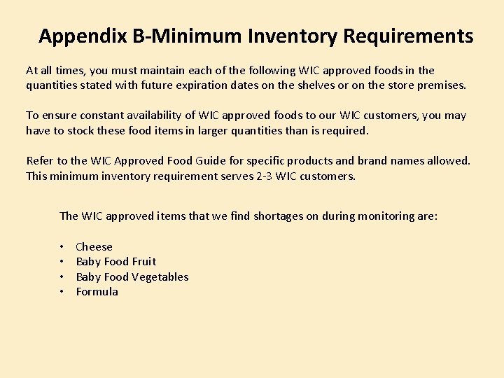 Appendix B-Minimum Inventory Requirements At all times, you must maintain each of the following