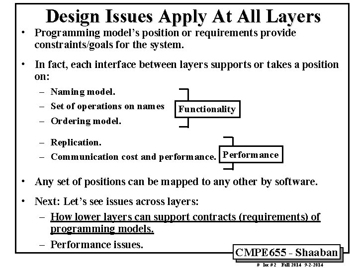 Design Issues Apply At All Layers • Programming model’s position or requirements provide constraints/goals