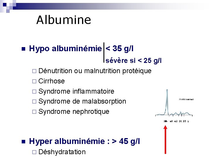 Albumine n Hypo albuminémie < 35 g/l sévère si < 25 g/l ¨ Dénutrition