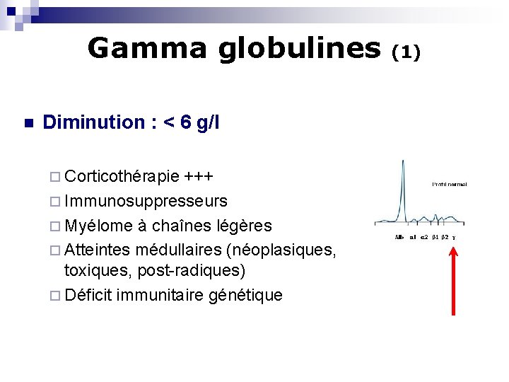 Gamma globulines n Diminution : < 6 g/l ¨ Corticothérapie +++ ¨ Immunosuppresseurs ¨
