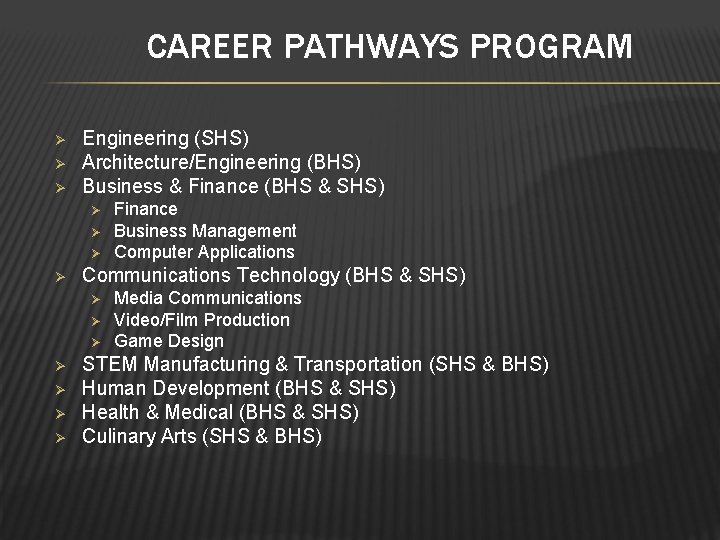 CAREER PATHWAYS PROGRAM Ø Ø Ø Engineering (SHS) Architecture/Engineering (BHS) Business & Finance (BHS