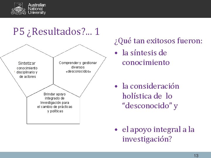 P 5 ¿Resultados? . . . 1 Sintetizar conocimiento disciplinario y de actores Comprender