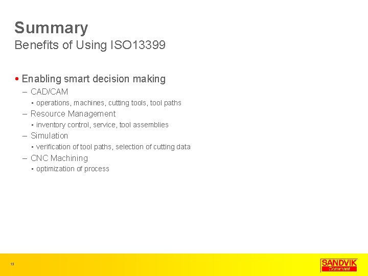 Summary Benefits of Using ISO 13399 Enabling smart decision making – CAD/CAM • operations,