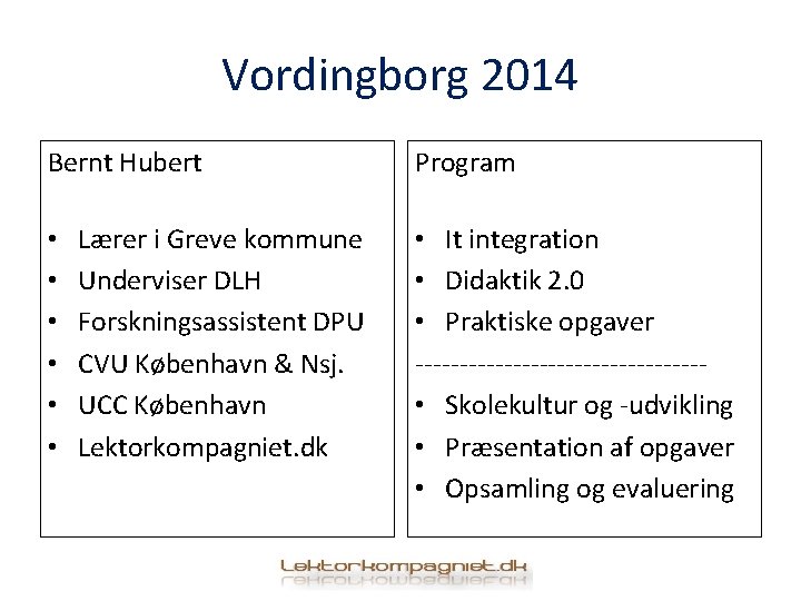 Vordingborg 2014 Bernt Hubert • • • Lærer i Greve kommune Underviser DLH Forskningsassistent