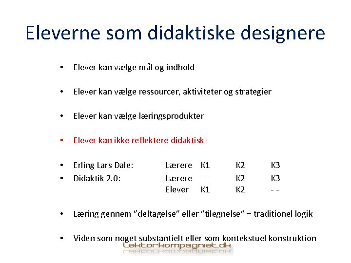 Eleverne som didaktiske designere • Elever kan vælge mål og indhold • Elever kan