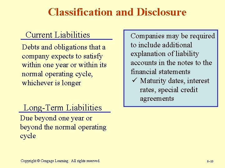 Classification and Disclosure Current Liabilities Debts and obligations that a company expects to satisfy