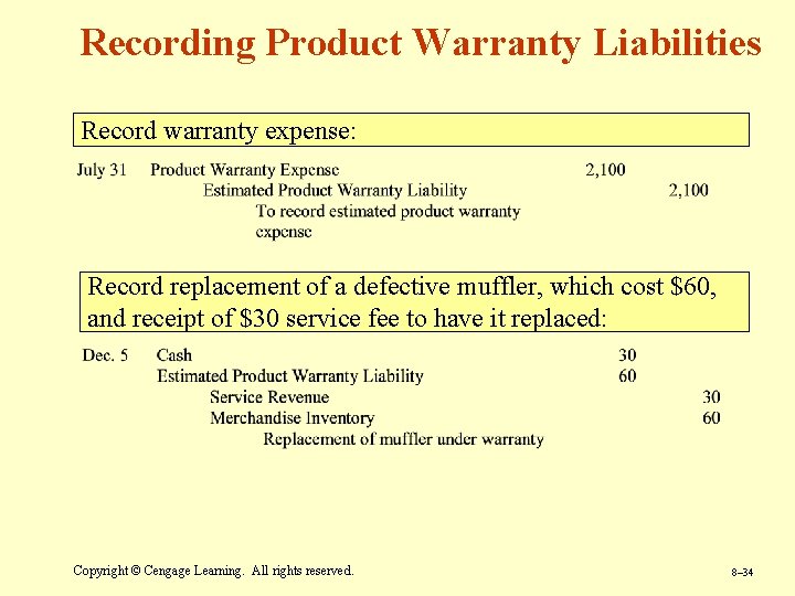 Recording Product Warranty Liabilities Record warranty expense: Record replacement of a defective muffler, which