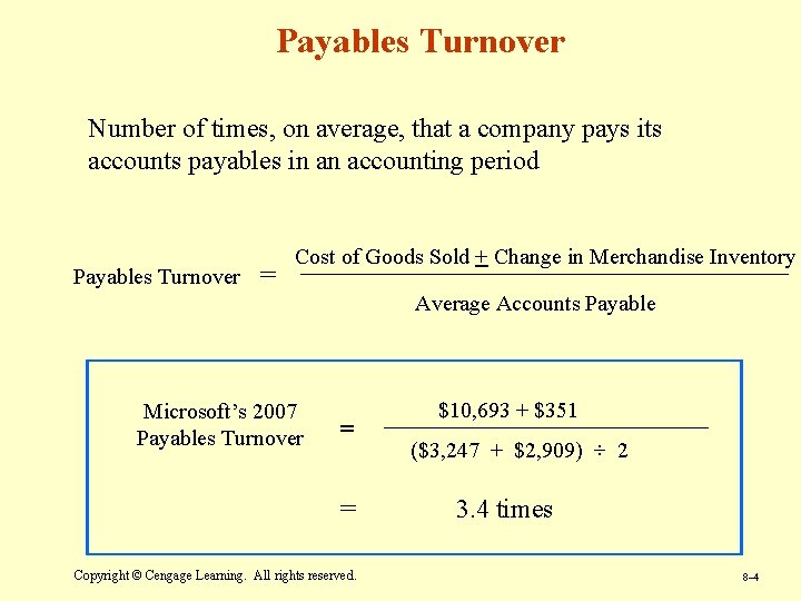 Payables Turnover Number of times, on average, that a company pays its accounts payables