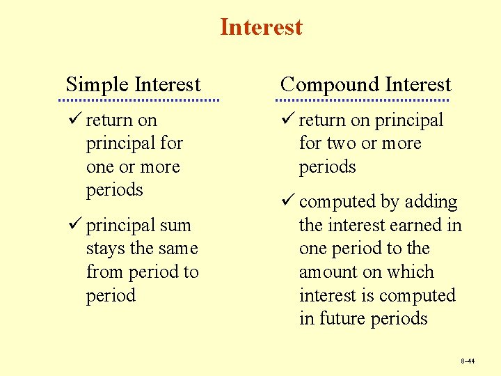 Interest Simple Interest Compound Interest ü return on principal for one or more periods