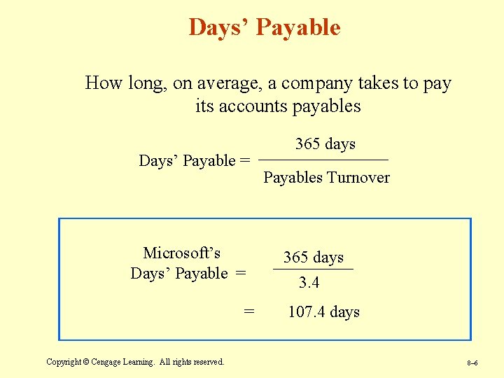 Days’ Payable How long, on average, a company takes to pay its accounts payables