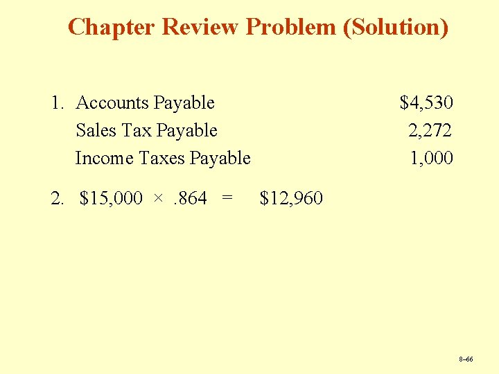 Chapter Review Problem (Solution) 1. Accounts Payable Sales Tax Payable Income Taxes Payable 2.