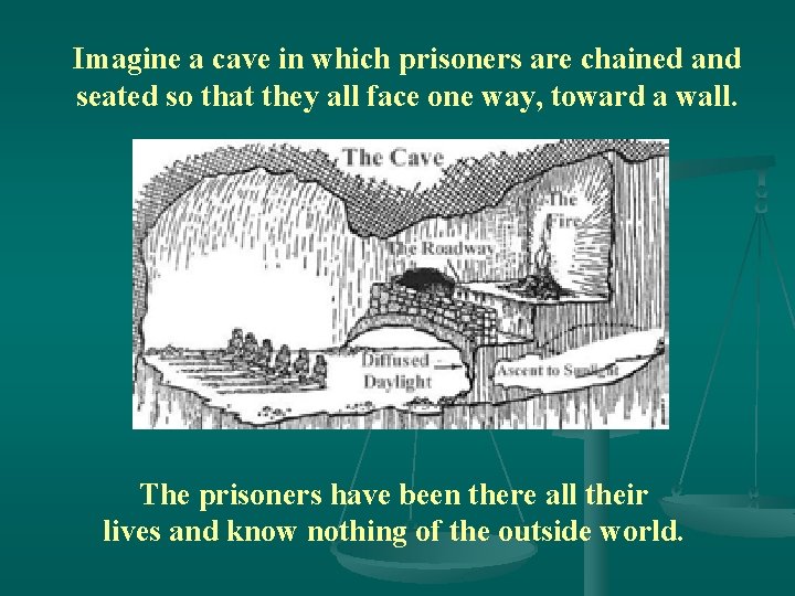 Imagine a cave in which prisoners are chained and seated so that they all