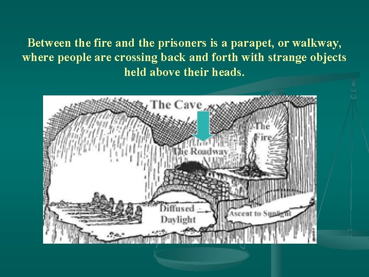 Between the fire and the prisoners is a parapet, or walkway, where people are