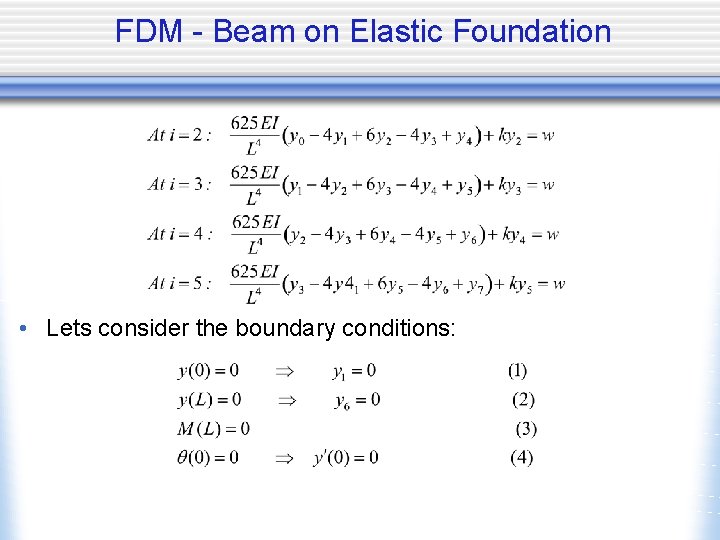 FDM - Beam on Elastic Foundation • Lets consider the boundary conditions: 