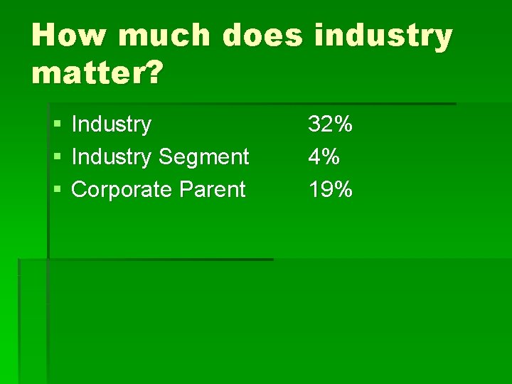 How much does industry matter? § § § Industry Segment Corporate Parent 32% 4%