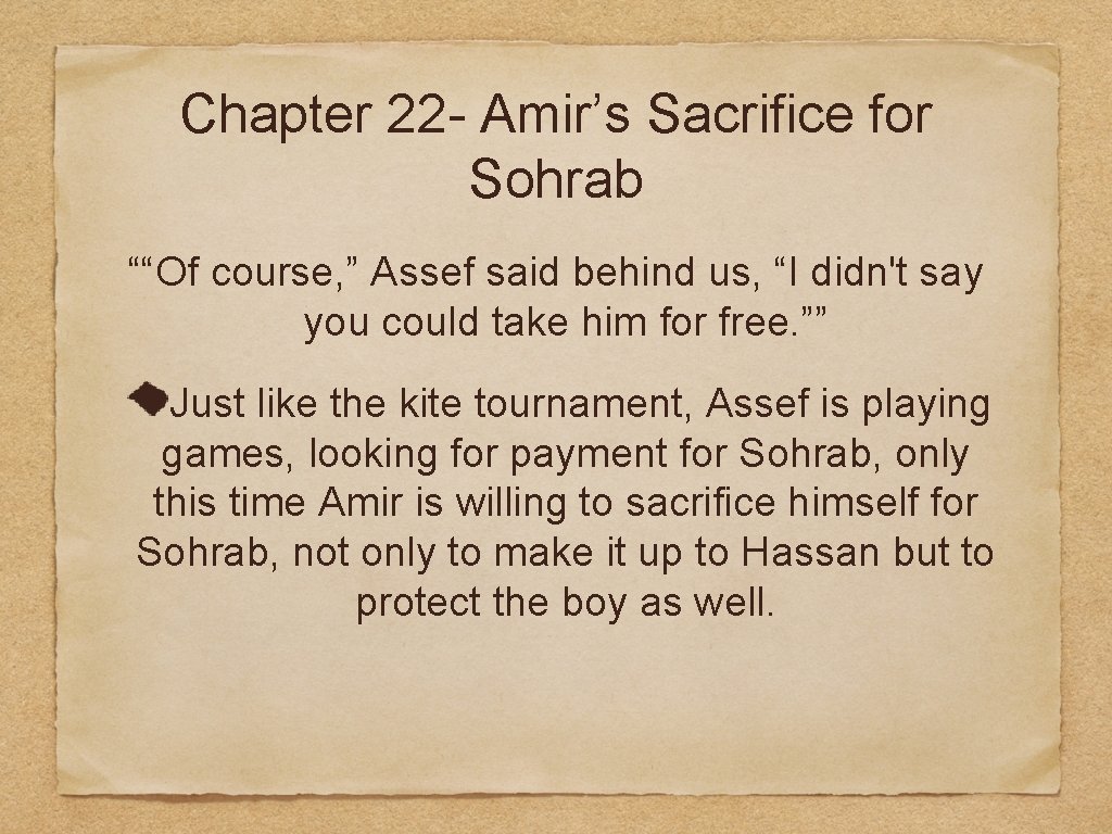 Chapter 22 - Amir’s Sacrifice for Sohrab ““Of course, ” Assef said behind us,