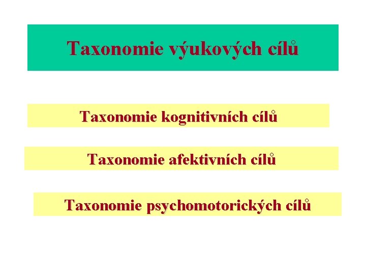 Taxonomie výukových cílů Taxonomie kognitivních cílů Taxonomie afektivních cílů Taxonomie psychomotorických cílů 