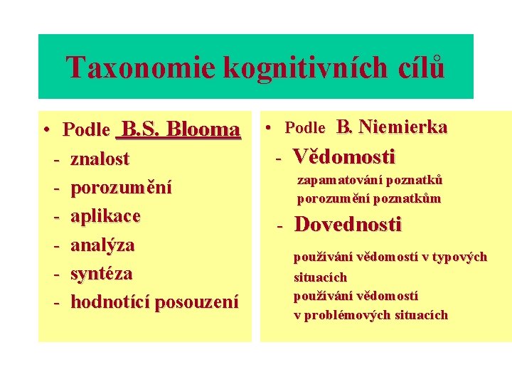 Taxonomie kognitivních cílů • Podle B. S. Blooma - znalost - porozumění - aplikace