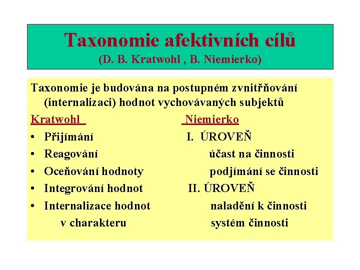 Taxonomie afektivních cílů (D. B. Kratwohl , B. Niemierko) Taxonomie je budována na postupném
