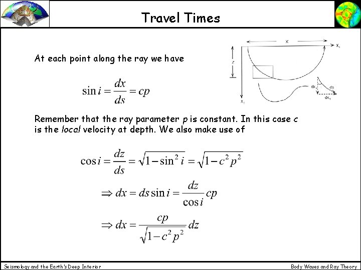 Travel Times At each point along the ray we have Remember that the ray