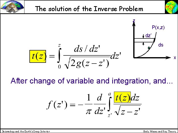 The solution of the Inverse Problem z P(x, z) dz’ ds x After change