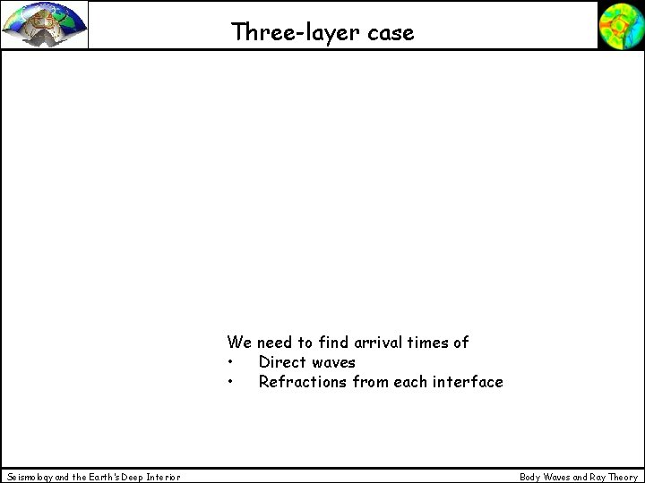 Three-layer case We need to find arrival times of • Direct waves • Refractions