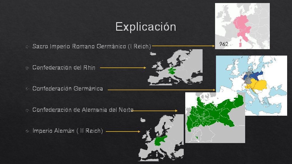 Explicación Sacro Imperio Romano Germánico (I Reich) Confederación del Rhin Confederación Germánica Confederación de