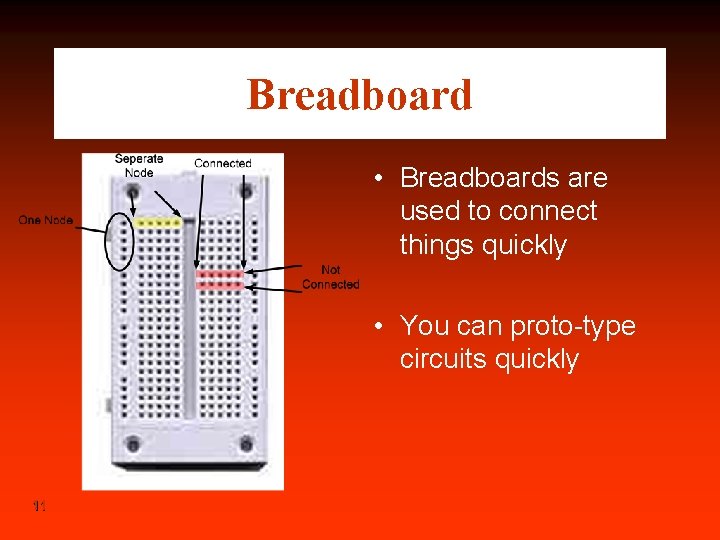 Breadboard • Breadboards are used to connect things quickly • You can proto-type circuits