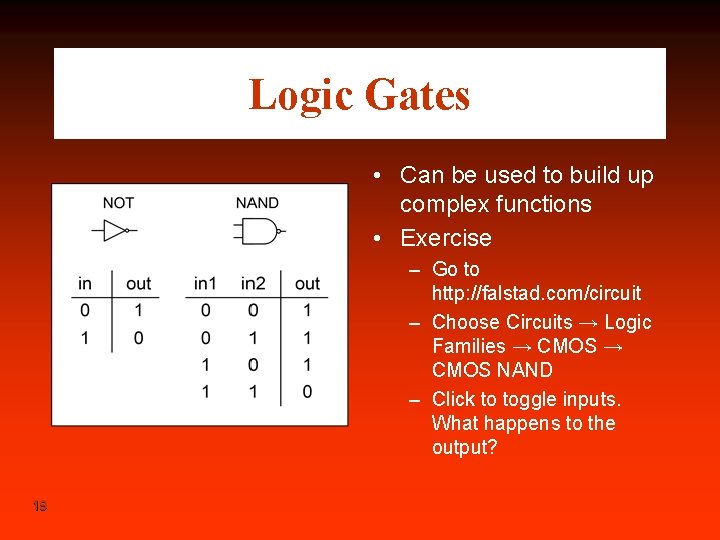 Logic Gates • Can be used to build up complex functions • Exercise –