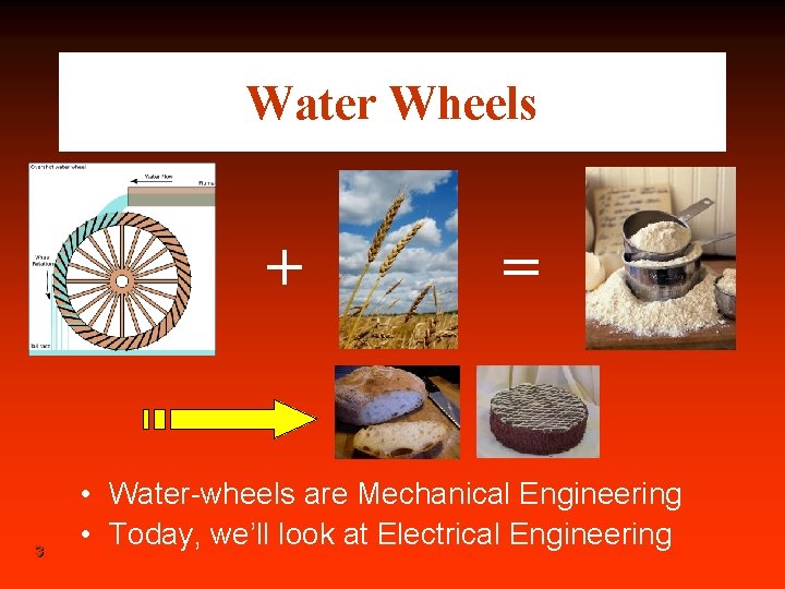 Water Wheels + 3 = • Water-wheels are Mechanical Engineering • Today, we’ll look
