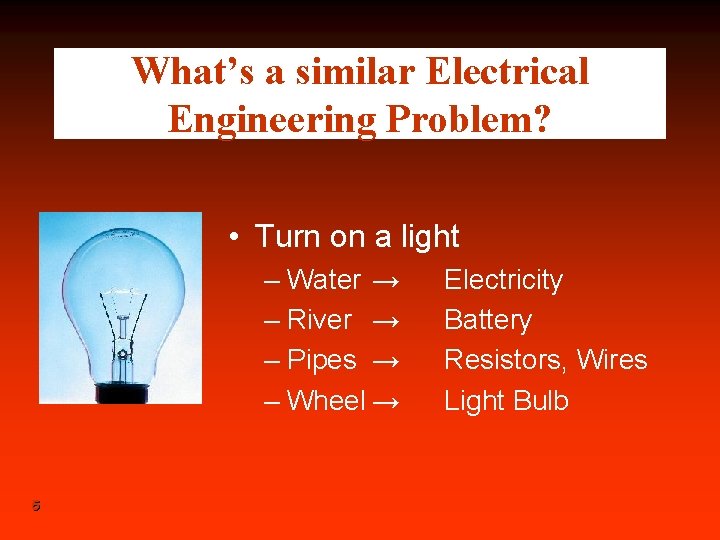 What’s a similar Electrical Engineering Problem? • Turn on a light – Water →