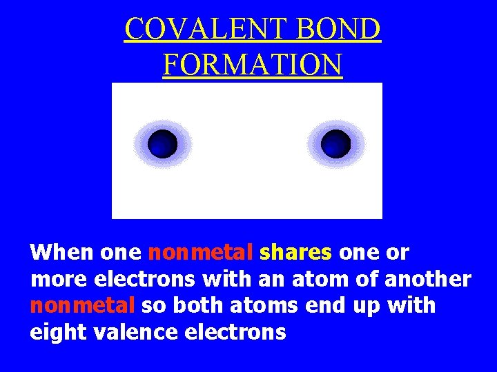 COVALENT BOND FORMATION When one nonmetal shares one or more electrons with an atom COVALENT BOND FORMATION When one nonmetal shares one or more electrons with an atom
