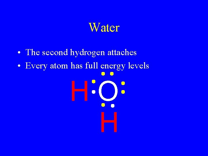 Water • The second hydrogen attaches • Every atom has full energy levels HO Water • The second hydrogen attaches • Every atom has full energy levels HO