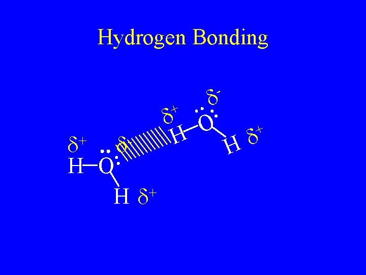 Hydrogen Bonding - + d+ d. H O + Hd d H d O Hydrogen Bonding - + d+ d. H O + Hd d H d O