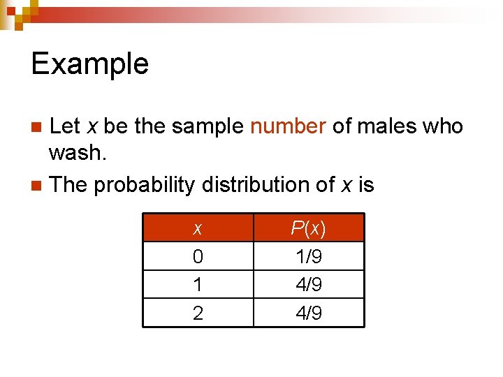 Example Let x be the sample number of males who wash. n The probability