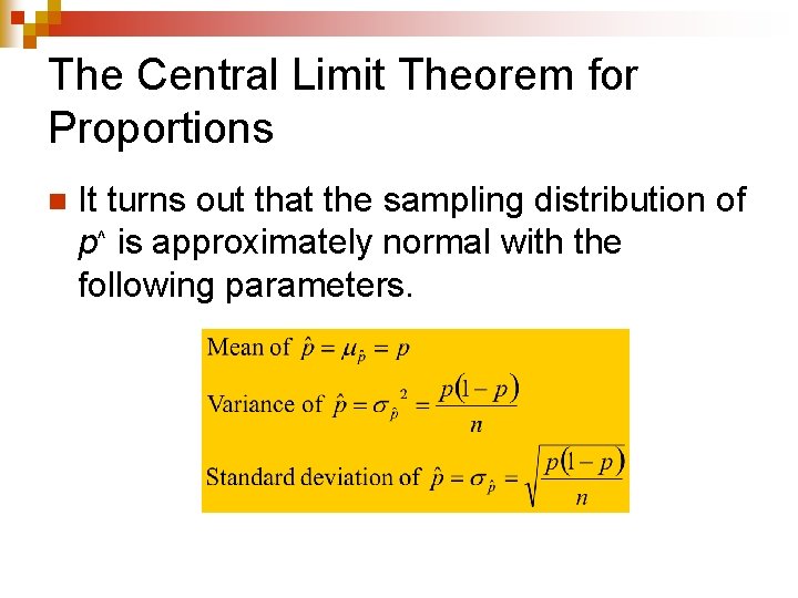 The Central Limit Theorem for Proportions n It turns out that the sampling distribution