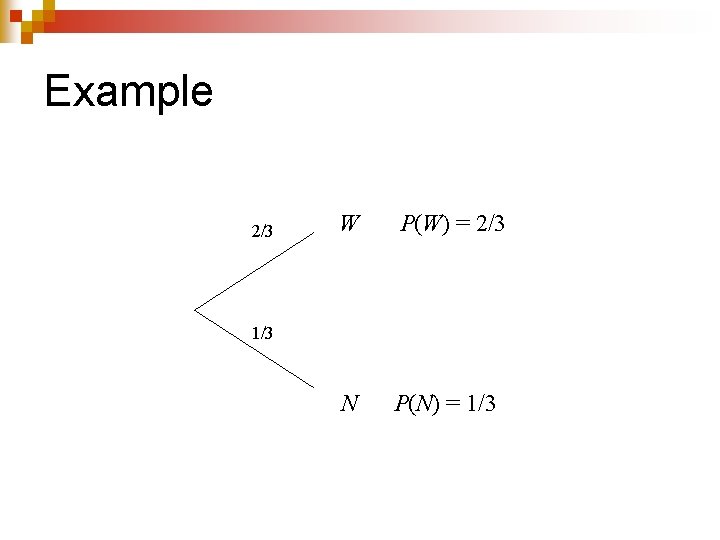 Example 2/3 W P(W) = 2/3 N P(N) = 1/3 