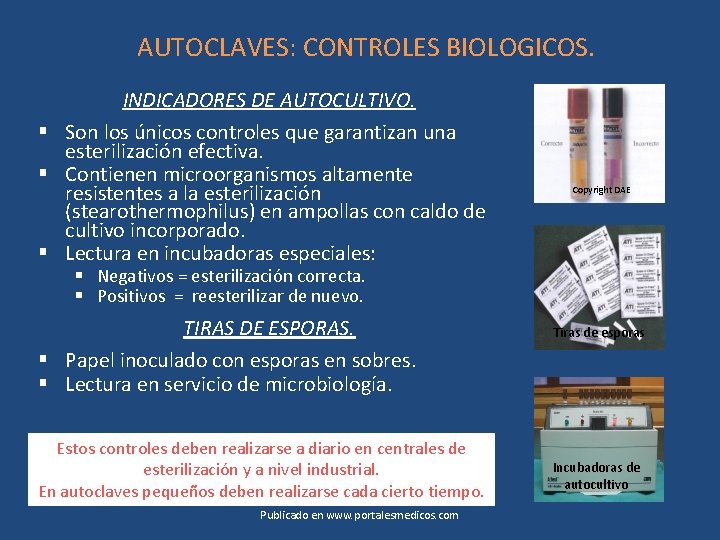 AUTOCLAVES: CONTROLES BIOLOGICOS. INDICADORES DE AUTOCULTIVO. § Son los únicos controles que garantizan una