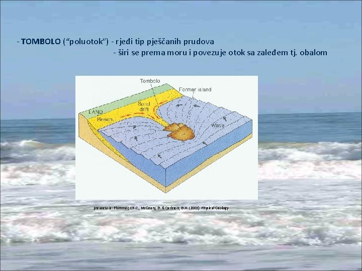 - TOMBOLO (“poluotok”) - rjeđi tip pješčanih prudova - širi se prema moru i