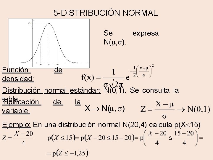 5 -DISTRIBUCIÓN NORMAL Se expresa N( , ). Función densidad: de Distribución normal estándar: