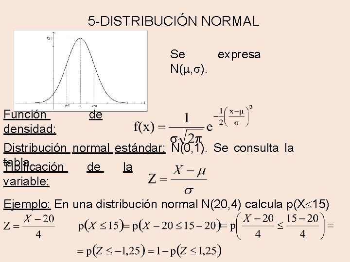 5 -DISTRIBUCIÓN NORMAL Se expresa N( , ). Función densidad: de Distribución normal estándar: