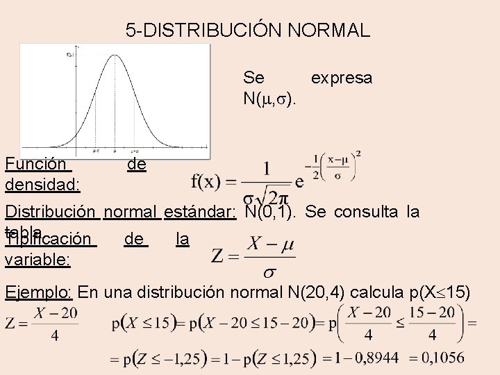 5 -DISTRIBUCIÓN NORMAL Se expresa N( , ). Función densidad: de Distribución normal estándar: