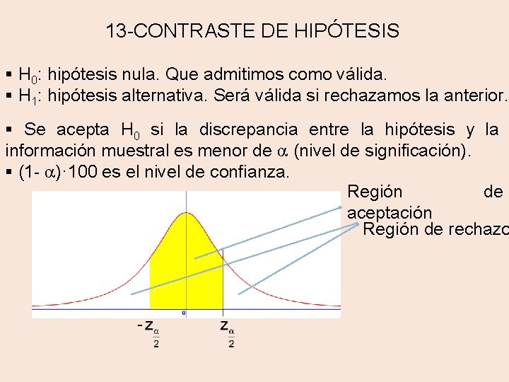 13 -CONTRASTE DE HIPÓTESIS § H 0: hipótesis nula. Que admitimos como válida. §
