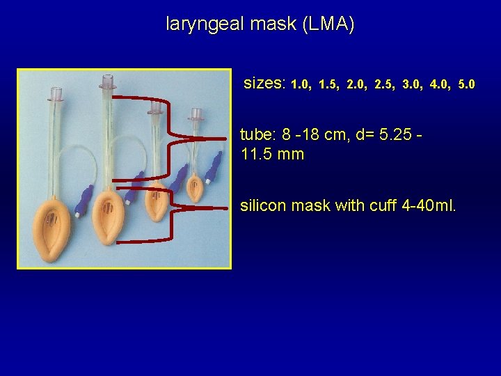 laryngeal mask (LMA) sizes: 1. 0, 1. 5, 2. 0, 2. 5, 3. 0,
