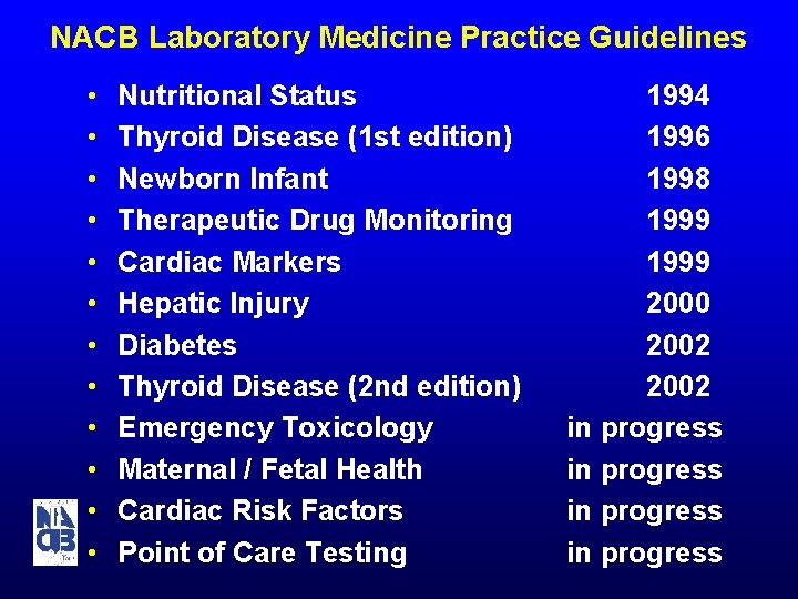 NACB Laboratory Medicine Practice Guidelines • • • Nutritional Status Thyroid Disease (1 st