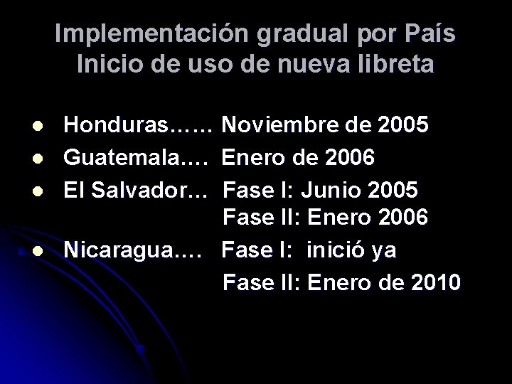 Implementación gradual por País Inicio de uso de nueva libreta l l Honduras…… Noviembre