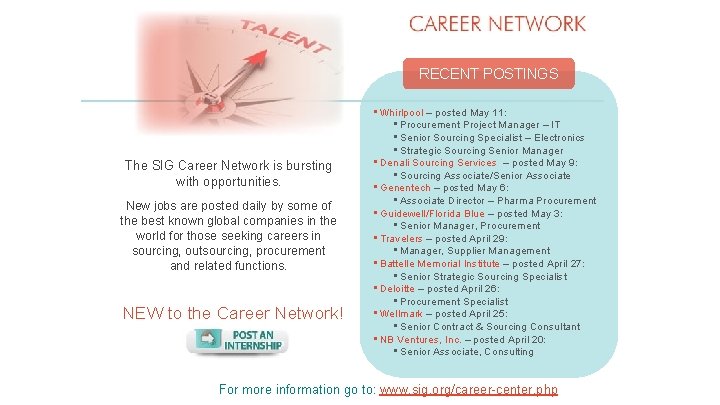 RECENT POSTINGS The SIG Career Network is bursting with opportunities. New jobs are posted