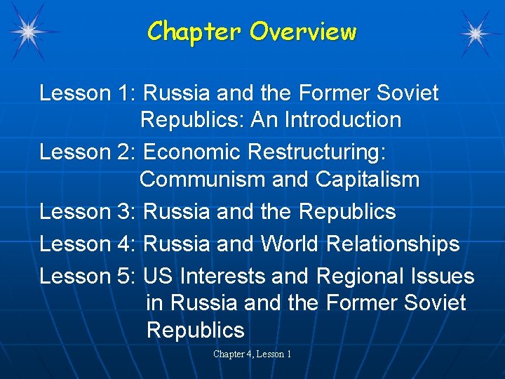 Chapter Overview Lesson 1: Russia and the Former Soviet Republics: An Introduction Lesson 2: Chapter Overview Lesson 1: Russia and the Former Soviet Republics: An Introduction Lesson 2: