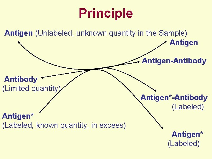 Principle Antigen (Unlabeled, unknown quantity in the Sample) Antigen Antigen-Antibody (Limited quantity) Antigen*-Antibody (Labeled)